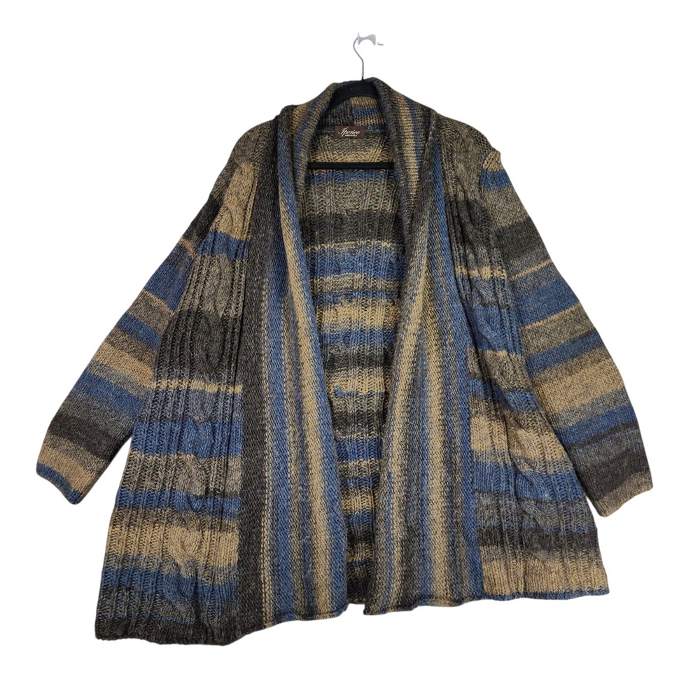 Iperico Cardigan Sweater XL‎ Women Italy Wool Cable Knit Brown Blue Boho Chunky